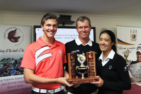 John Senden (centre) poses with Greg Norman Golf Foundation-organised Titleist Winter Classic winners Blake Dowling and Samantha Foley.